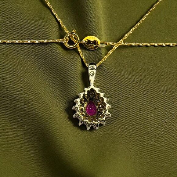 14K Gold -Natural Burmese Ruby Halo Diamond Necklace -20" 2/3 CTTW -Pear Cut -2g - Picture 4 of 16